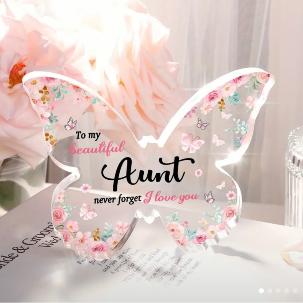 Aunt Pink Floral & Clear Acrylic 2 Dimensional Butterfly Shaped Plaque.